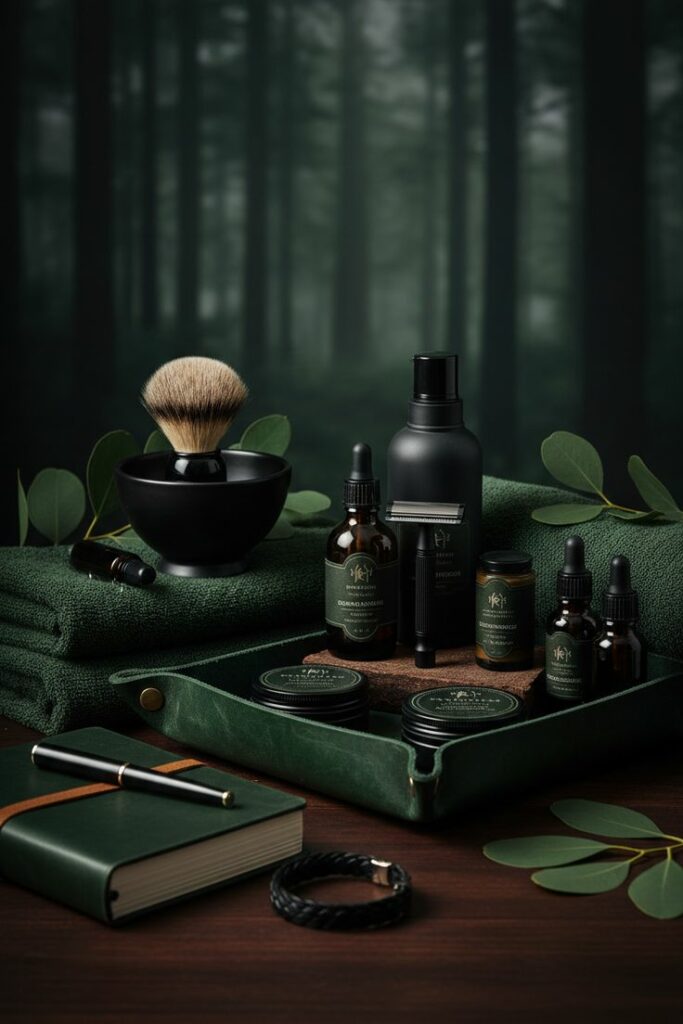 Produits de rasage et cosmétiques naturels pour homme présentés sur une table en bois, avec blaireau, huile pour barbe et soins bio.