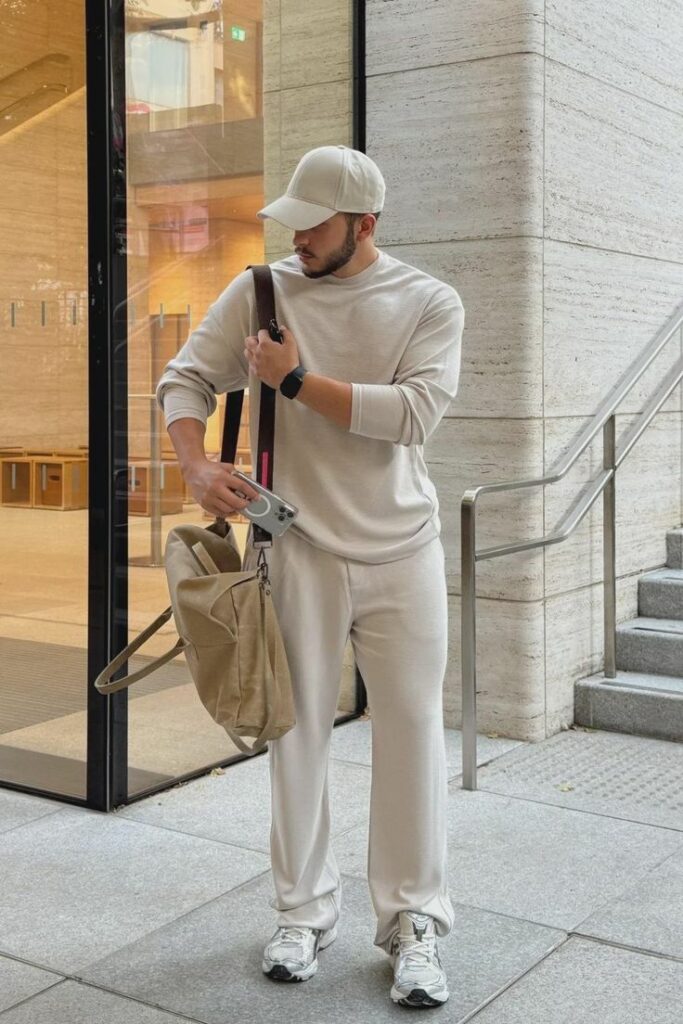 Homme portant une tenue beige minimaliste composée d’un sweat, d’un pantalon ample et de baskets blanches, avec casquette et sac en bandoulière.